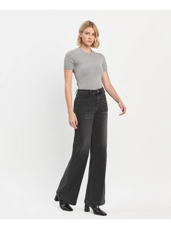 ENGROSS HIGH RISE PATCH POCKET BLACK WIDE TROUSER JEANS T6569 for wholesale on Faire3