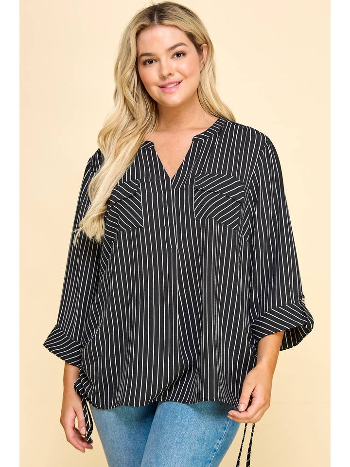 BLACK PLUS SIZE 3/4 BUTTON TAB SLV MANDARIN COLLAR TOP G9303788GX for wholesale on Faire