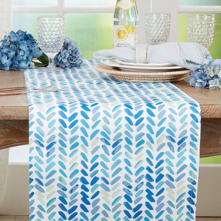Blue Watercolor Chevron Table Runner for wholesale by Fennco Styles