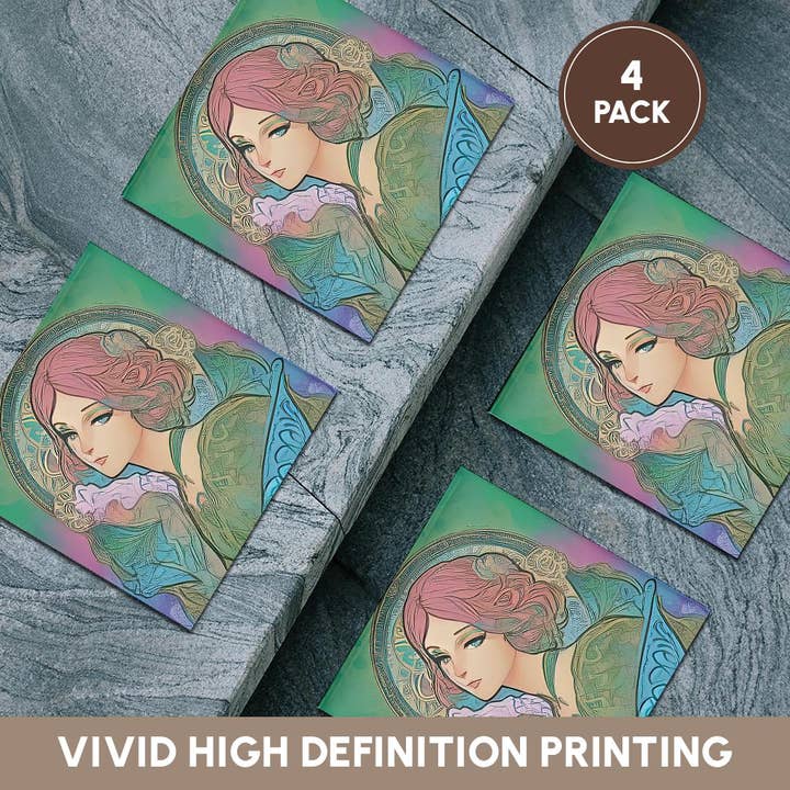 3dRose - Wholesale Coasters - 3dRose, Art Nouveau woman. Beautiful lady in green, blue, pink colors gift, Coaster5