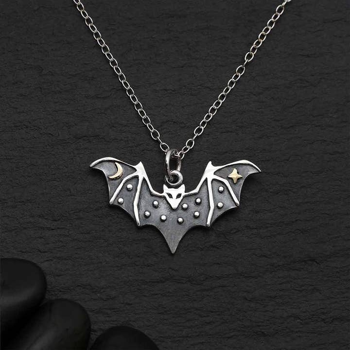 Sterling Silver Bat Necklace with Bronze Moon for wholesale by Nina Designs