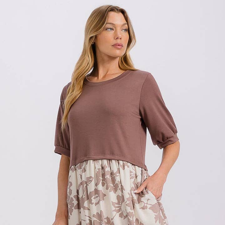 D1716- Vestido de manga curta com blocos sólidos e florais por atacado de IWT Brands