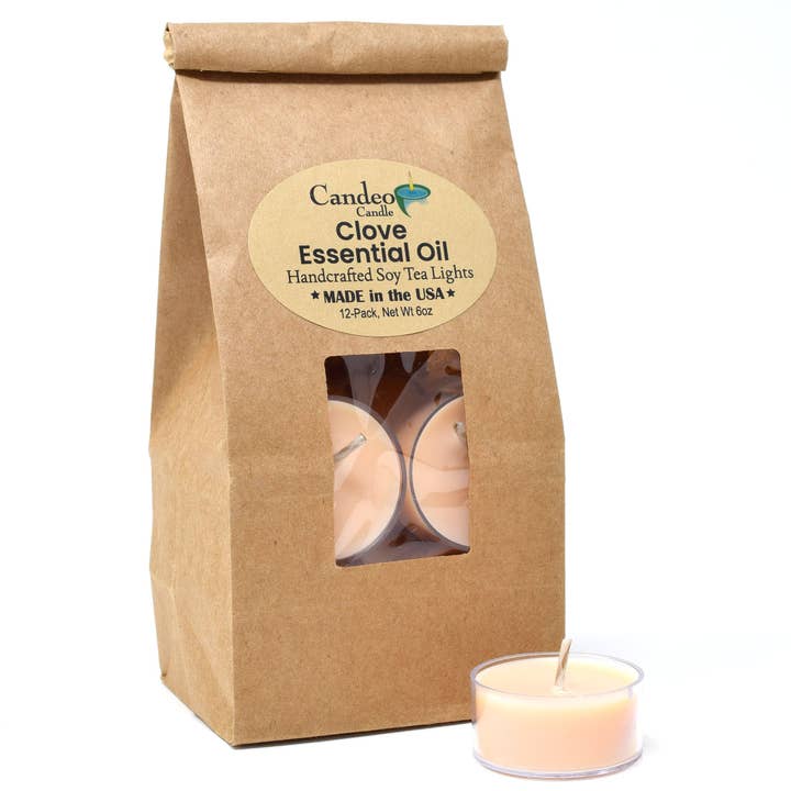 Clove Essential Oil, Soy Tea Light 12-Pack for wholesale by Candeo Candle