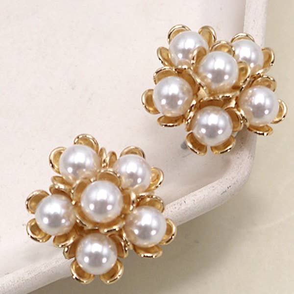 Gold CLUSTER PEARL FLOWER STUD EARRINGS | 31E24800 for wholesale on Faire