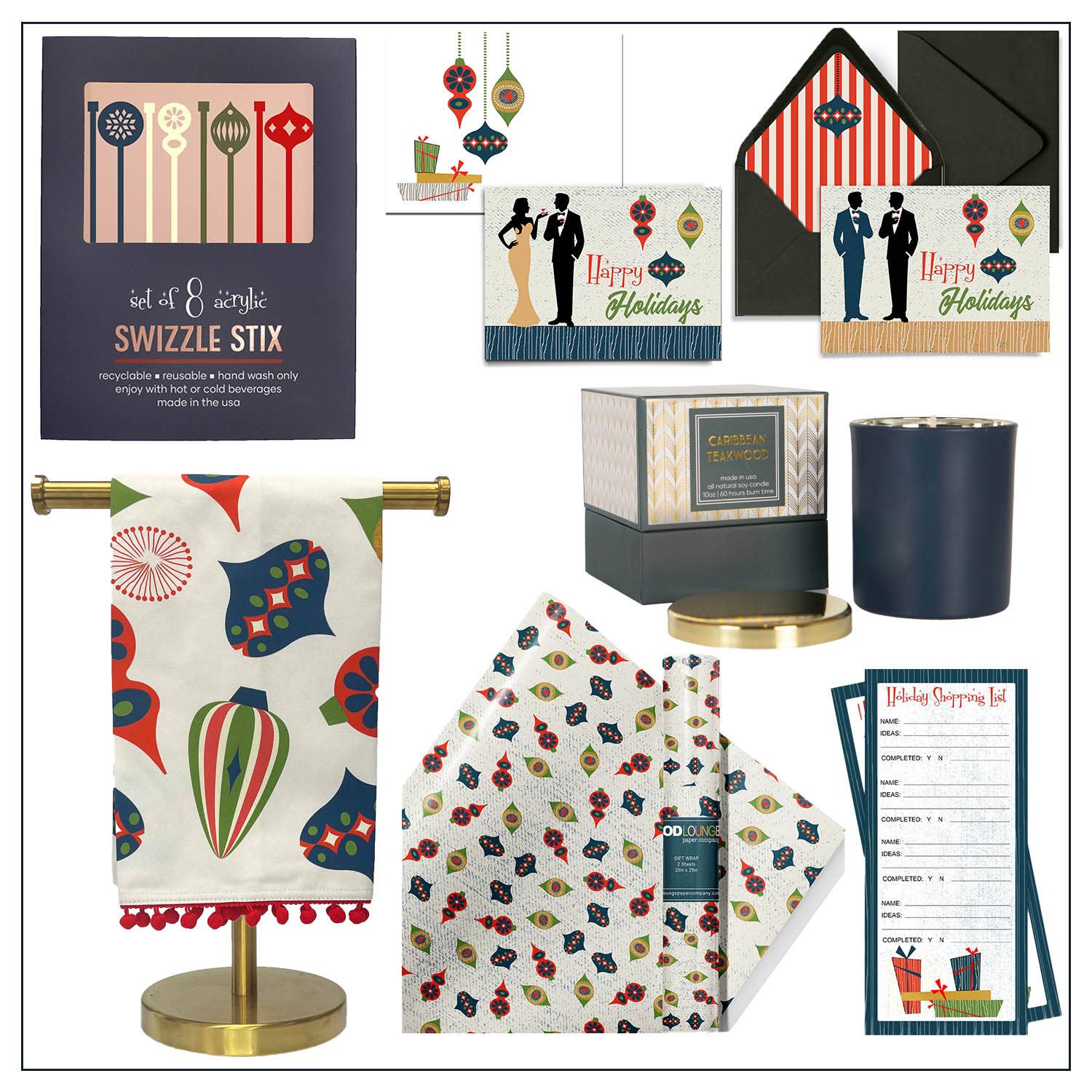 Mod Lounge Paper Company – wholesale Tea towel – Retro Ornaments Tea Towel with Trim5