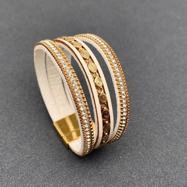 Mio Queena - Wholesale Bangle Bracelet - LB - Sparkling Rhinestone & Leather Triple-Layer Boho Bracelet4