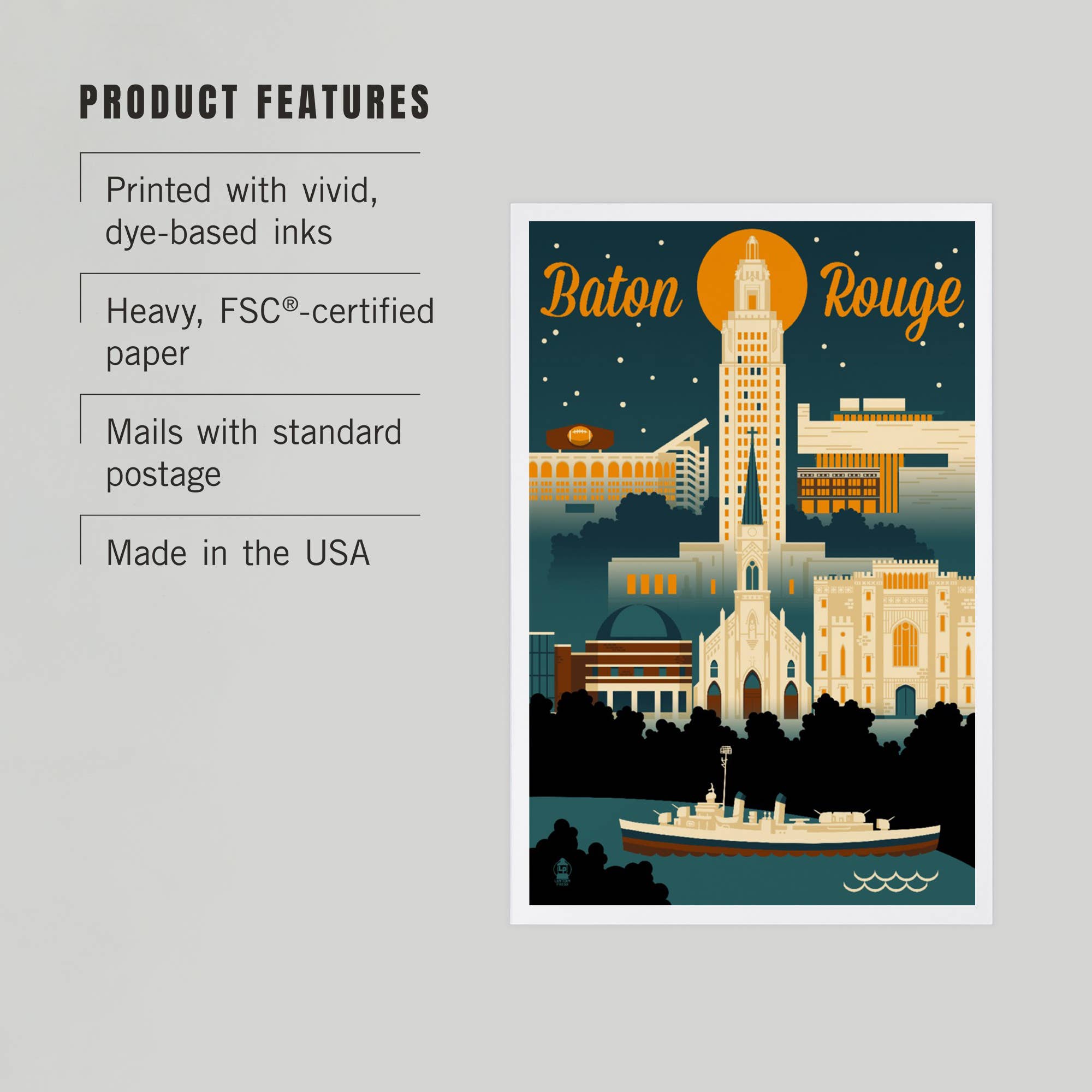 Lantern Press – wholesale Postcard – PREMIUM POSTCARDS Baton Rouge, Louisiana, Retro Skyline2