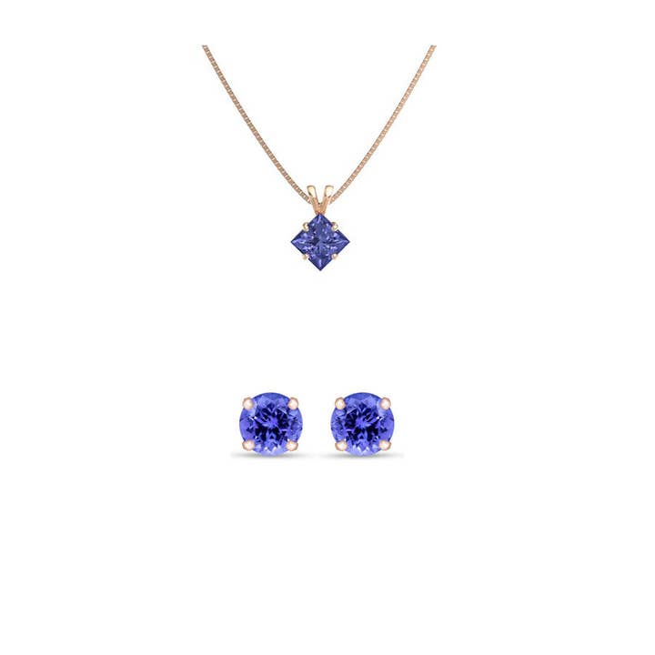 Ensemble collier et boucles d'oreilles rondes de 18 pouces en or rose 18 carats, tanzanite, taille princesse, plaqué pour la vente par Paris Jewelry