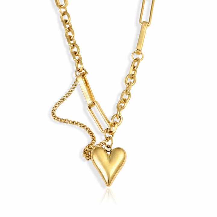 Puffy Heart Mixed Chain Necklace - Mixed Link Heart Pendant for wholesale by Blueyejewelry