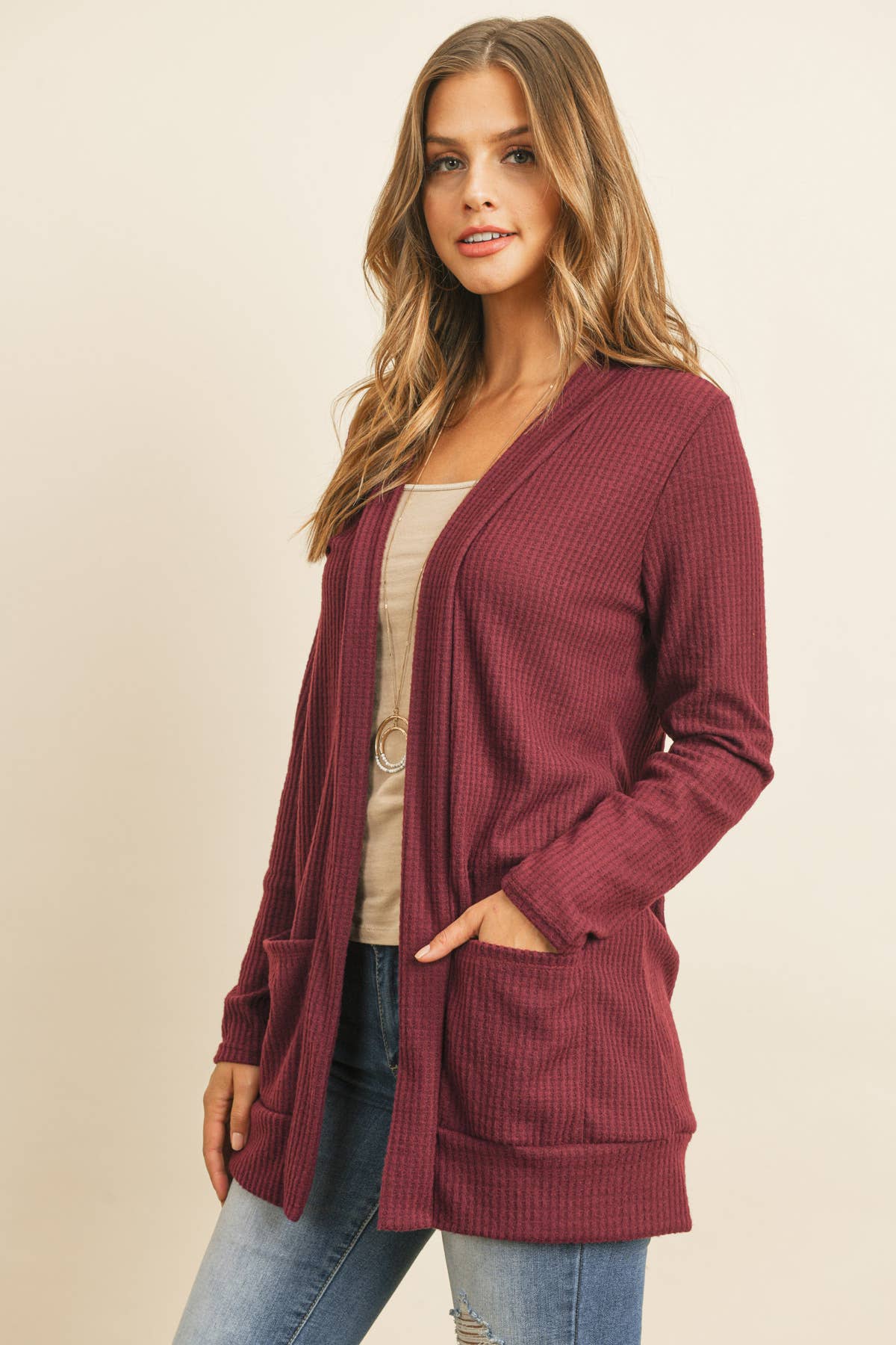You & Me - Wholesale Cardigan - Women's - PLUS SIZE BRUSHED WAFFLE LONG SLEEVE SIDE POCKET OPEN FRONT8