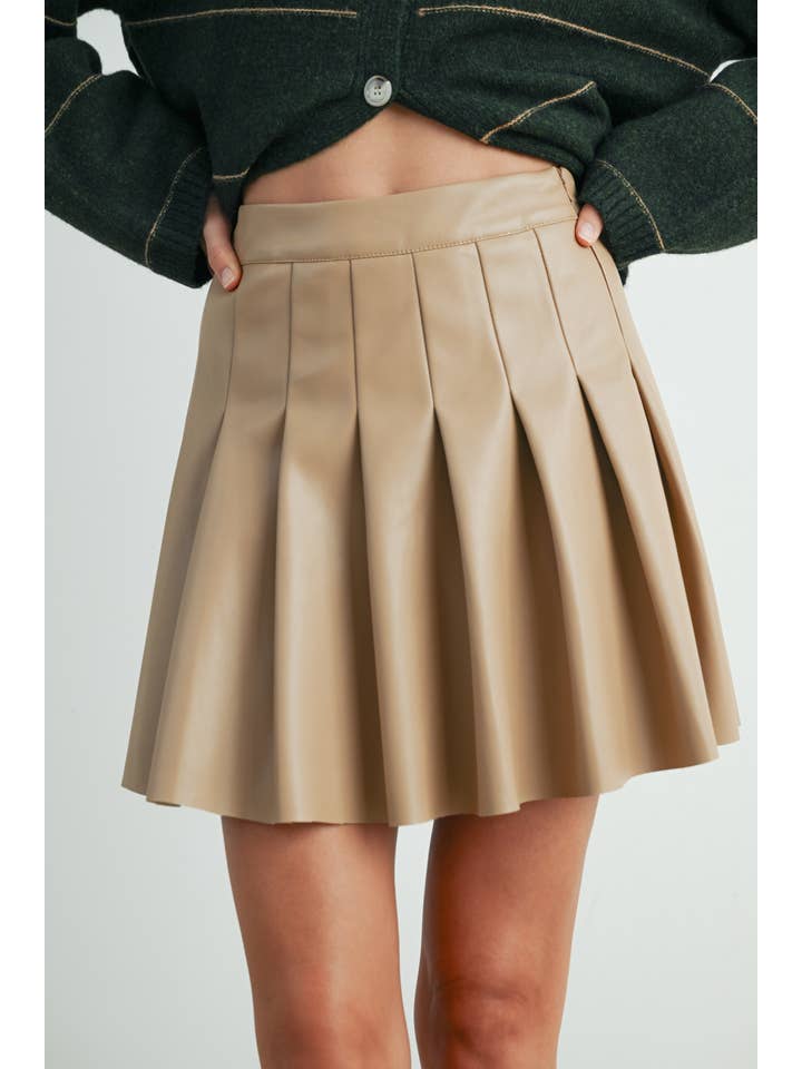 BUTTERMELON - Wholesale Skirt - Women's - Solid Pleated Leather Mini Skirt - BMS76323
