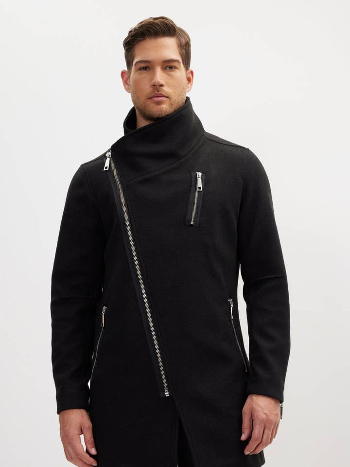 Manteau homme à fermeture asymétrique zippée - noir pour la vente par Ron Tomson