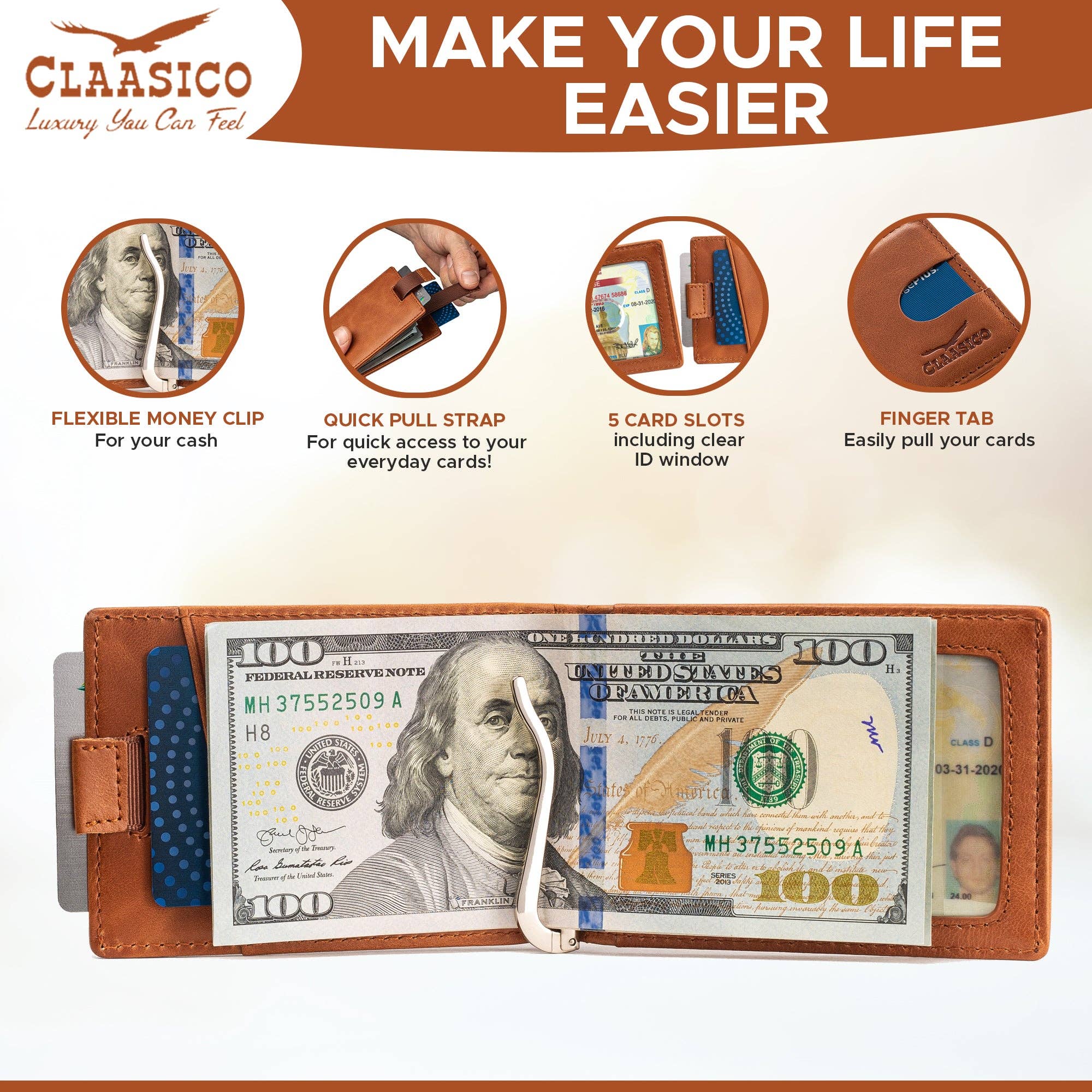 Claasico - Wholesale Wallet - Men's - Small bifold leather money clip wallet with pull strap18