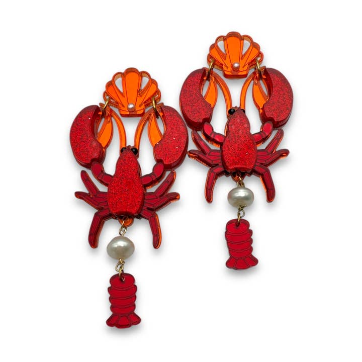 Lobster Queen – Plexiglass earrings with lobster and freshwater pearl for wholesale by Funk Da Queen