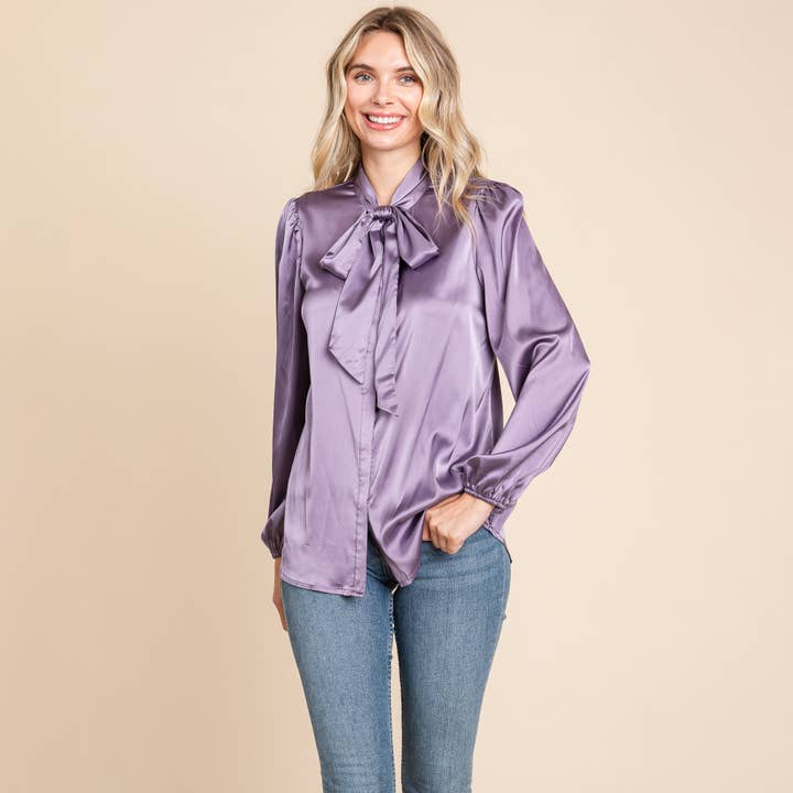 ROLYPOLY - Wholesale Button Down Shirt - Women's - Tie Neck Long Sleeve Satin Blouse Shirts