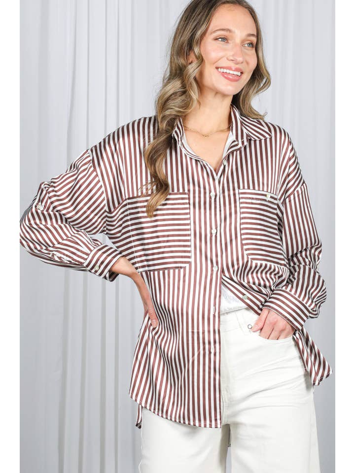 Vine & Love - Wholesale Button Down Shirt - Women's - Collar Neckline Pocket Detail Striped Satin Shirt VT8131426