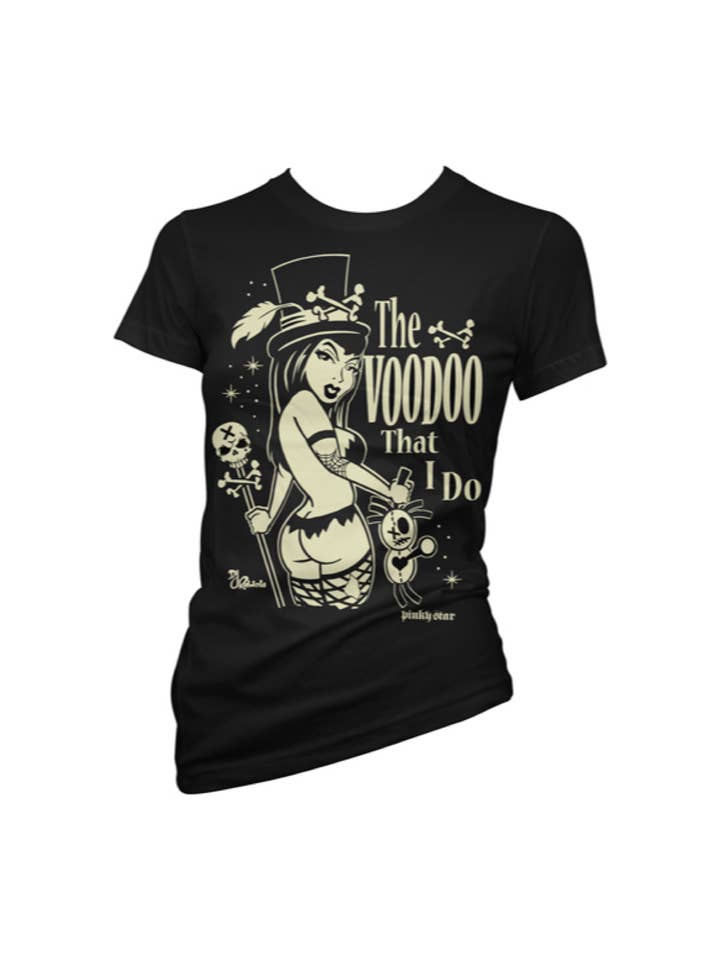 Black Cream THE VOODOO THAT I DO Women's Graphic Tee for wholesale on Faire