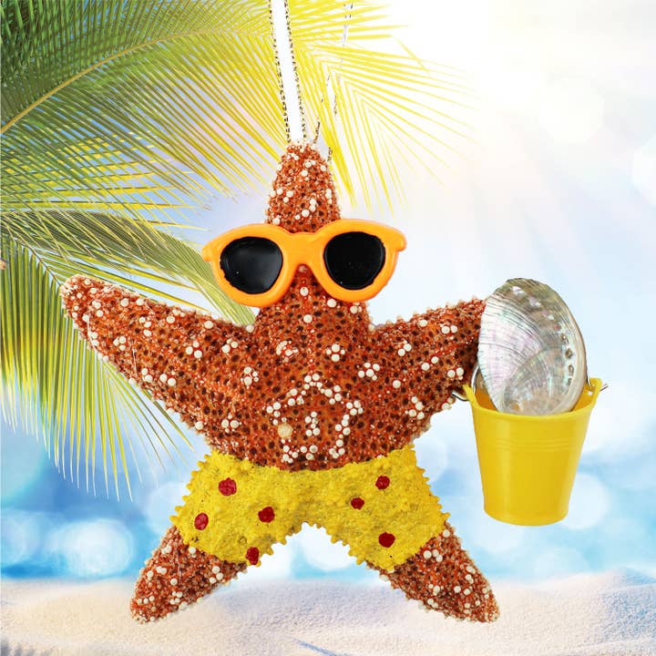 Beach Boy Bucket Sugar Starfish Ornament for wholesale by California Seashell Company