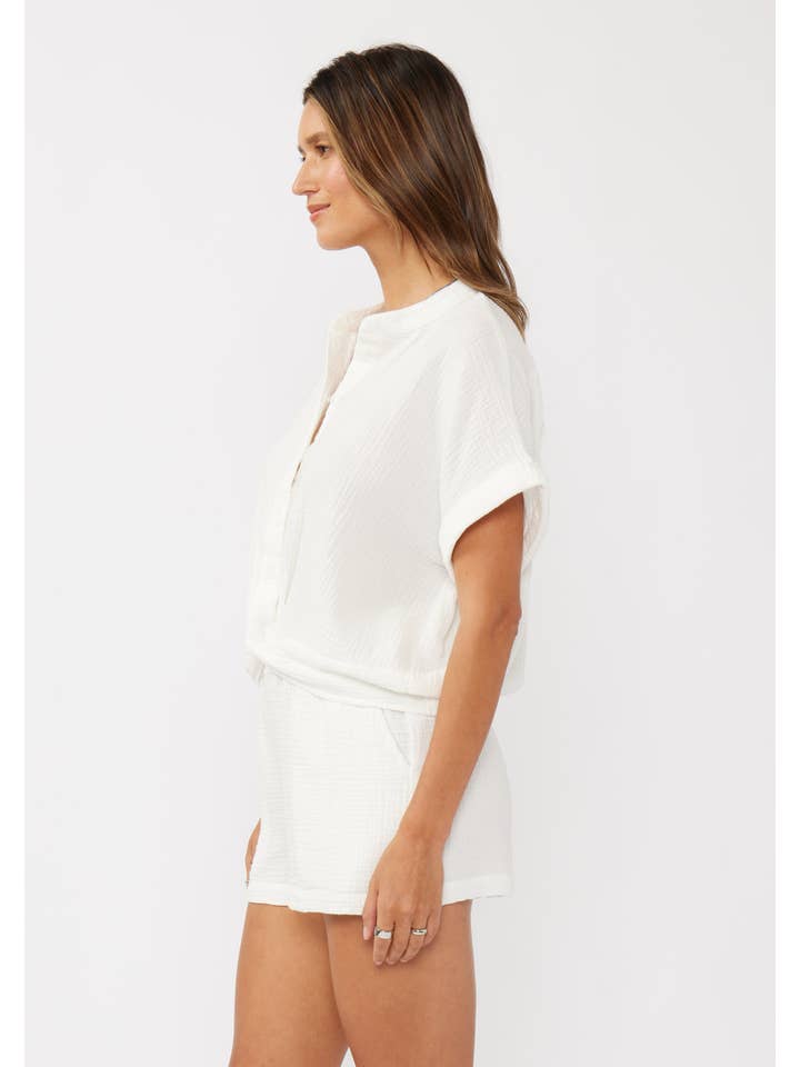 White Dropped Shoulder Knot Front Button-Down Top for wholesale on Faire