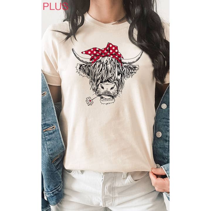 Highland Cow Red Bandana Western PLUS SIZE Graphic Tee for wholesale by Kissed Apparel