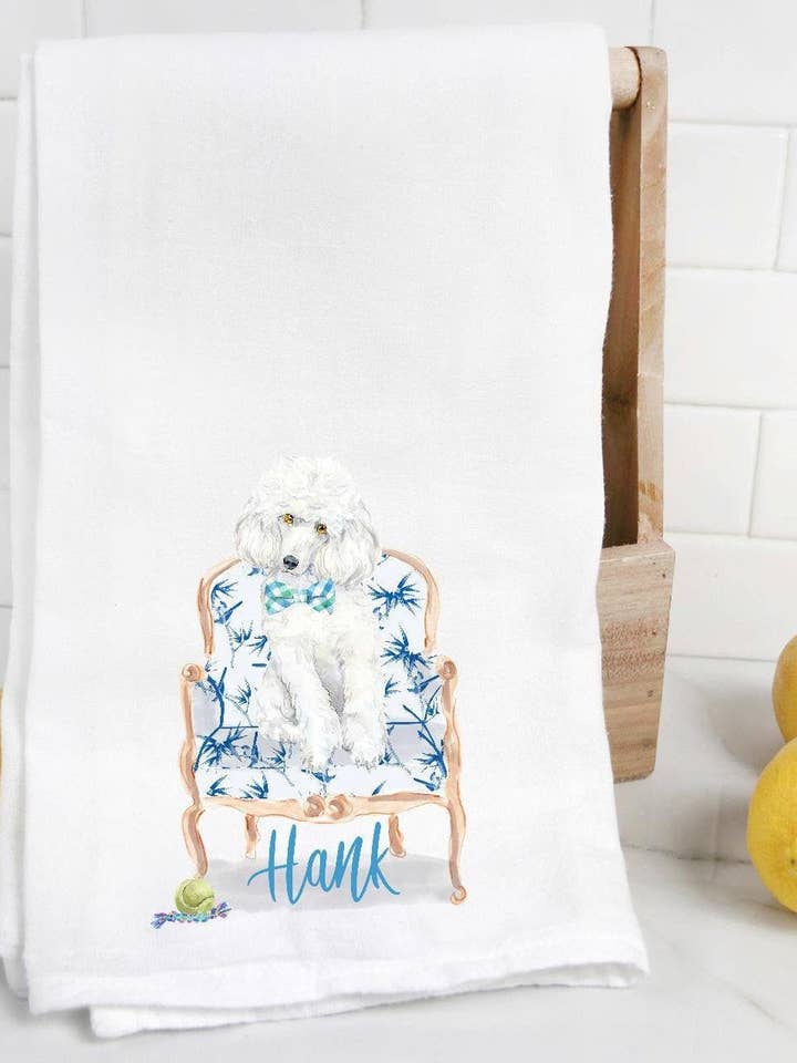 Custom White Poodle Flour Sack Towel, Tea Towel, Dog Mom, Dog Dad, Personalized Name, Watercolor Pet Portrait for wholesale by The Preppy Pineapple Home