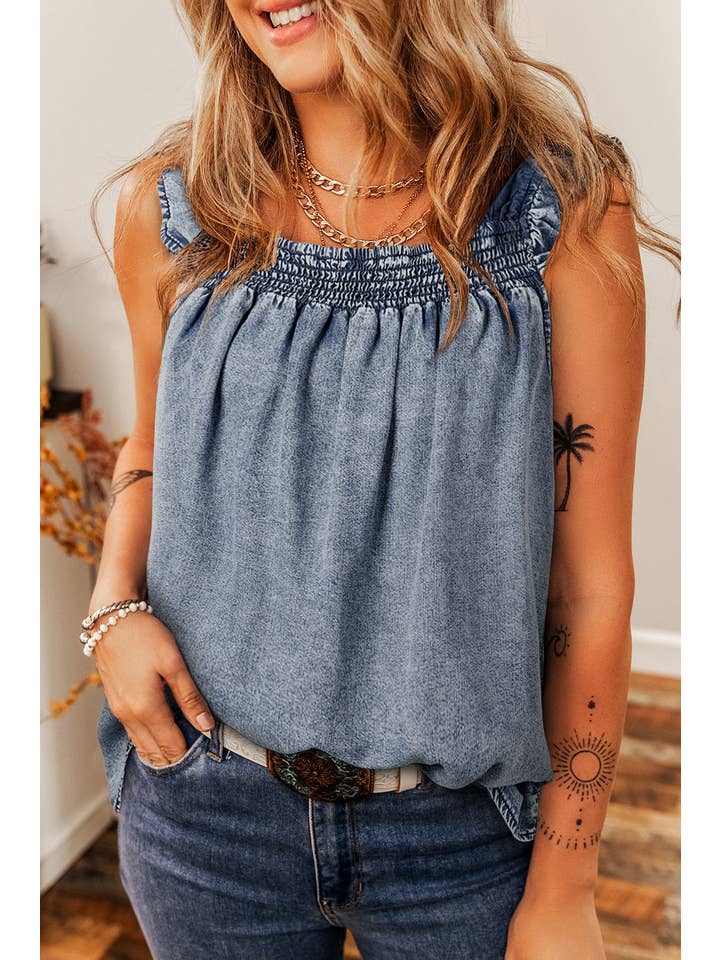 Ashleigh Blue Denim Ruffle Sleeveless Summer Tank Top for wholesale on Faire