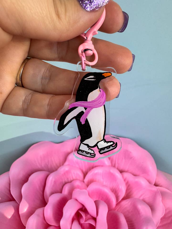 Adorable Acrylic Keychains, Bag Charms, Penguin, Ice Skates for wholesale by Outfolded