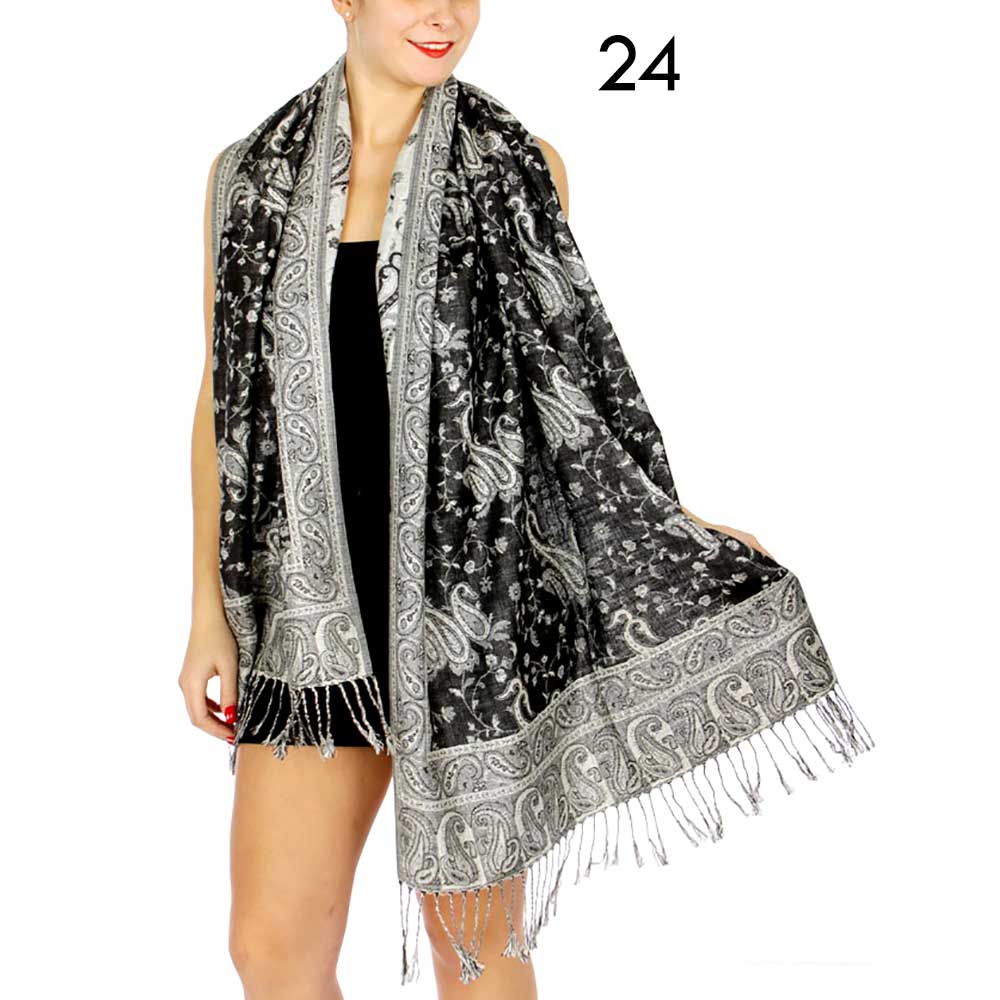 SERENITA - Wholesale Scarf - Women's - Jacquard Line Paisley Pashmina Scarf Reversible Shawl Wrap13
