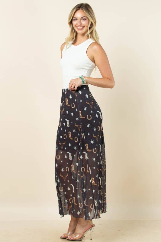 Svart/Khaki/Elfenben AS1300-DEMI VÄSTERLÄNDSKA ELEMENT TRYCKT FODRAD MAXI MESH KJOL för wholesale på Faire14