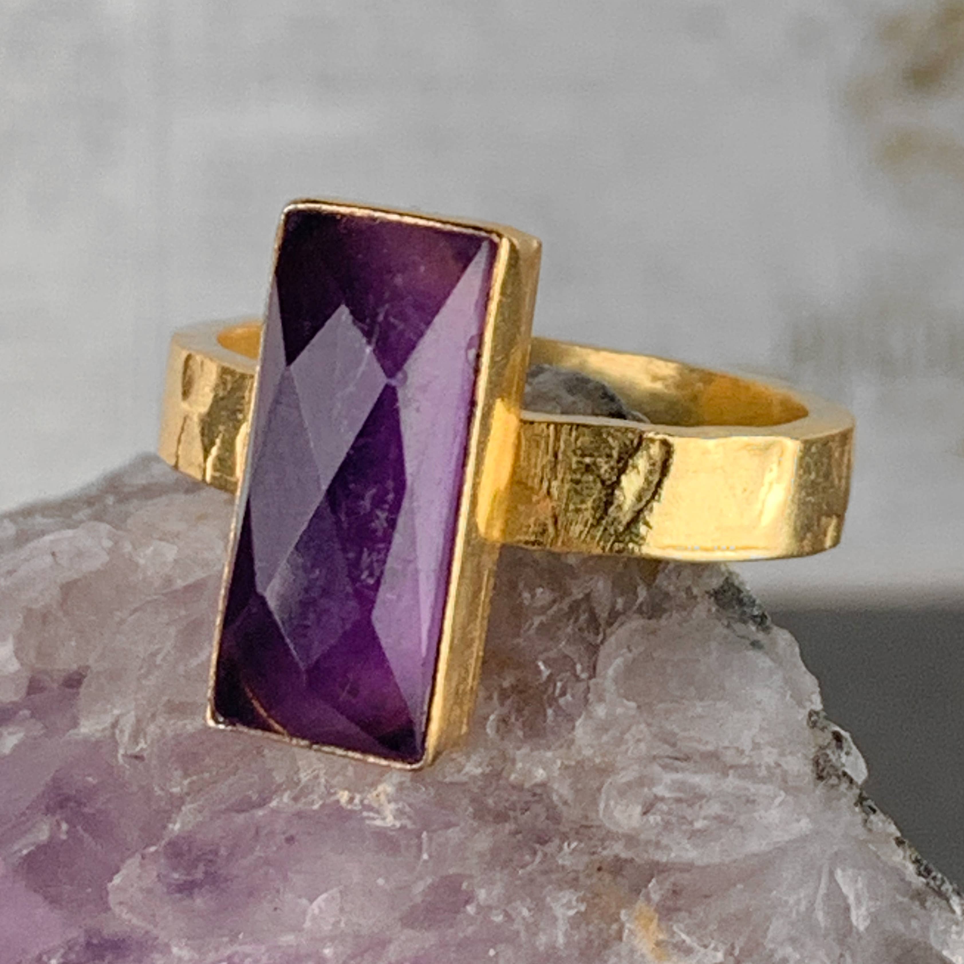 KBD Studio - Wholesale Cocktail/Statement Ring - Amethyst Rectangle Ring on a Hand Hammered Golden Band