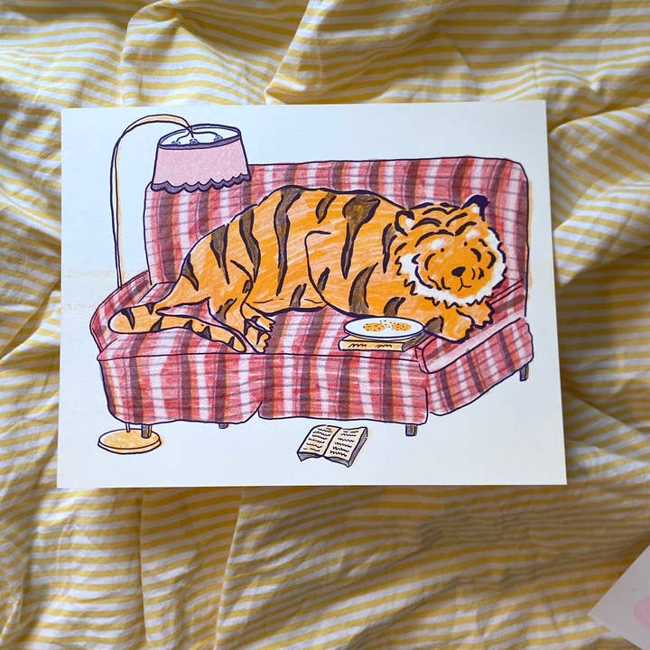 Tiger on the Couch Risograph for wholesale by mad dog studio