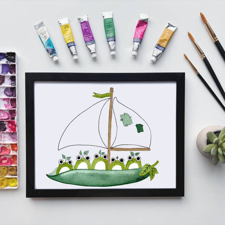 Impressão em Aquarela de Barco de Rãs – Rãs em Barco à Vela de Vagem de Ervilha por atacado de Owlfeathers Watercolor