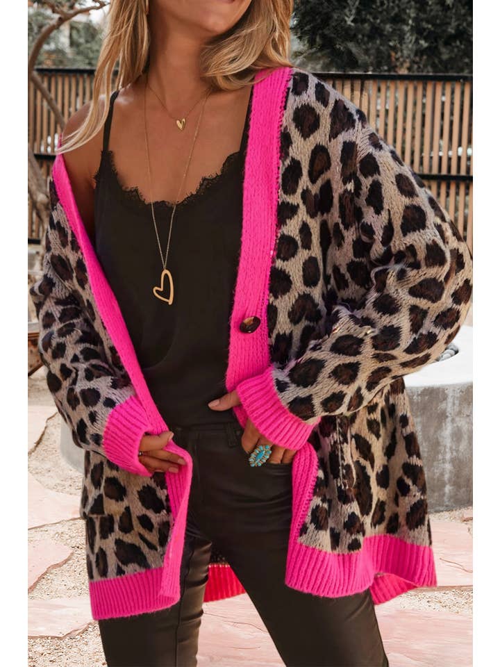 Marron Cardigan à imprimé léopard avec bordure en couleur (S-XL) en vente sur Faire