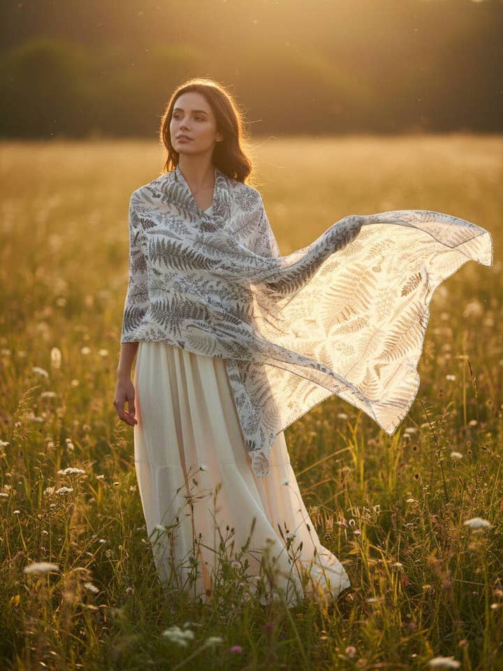 JC0711159 White-Gray Botanical Fern Pattern Scarf for wholesale by JC Sunny Fashion