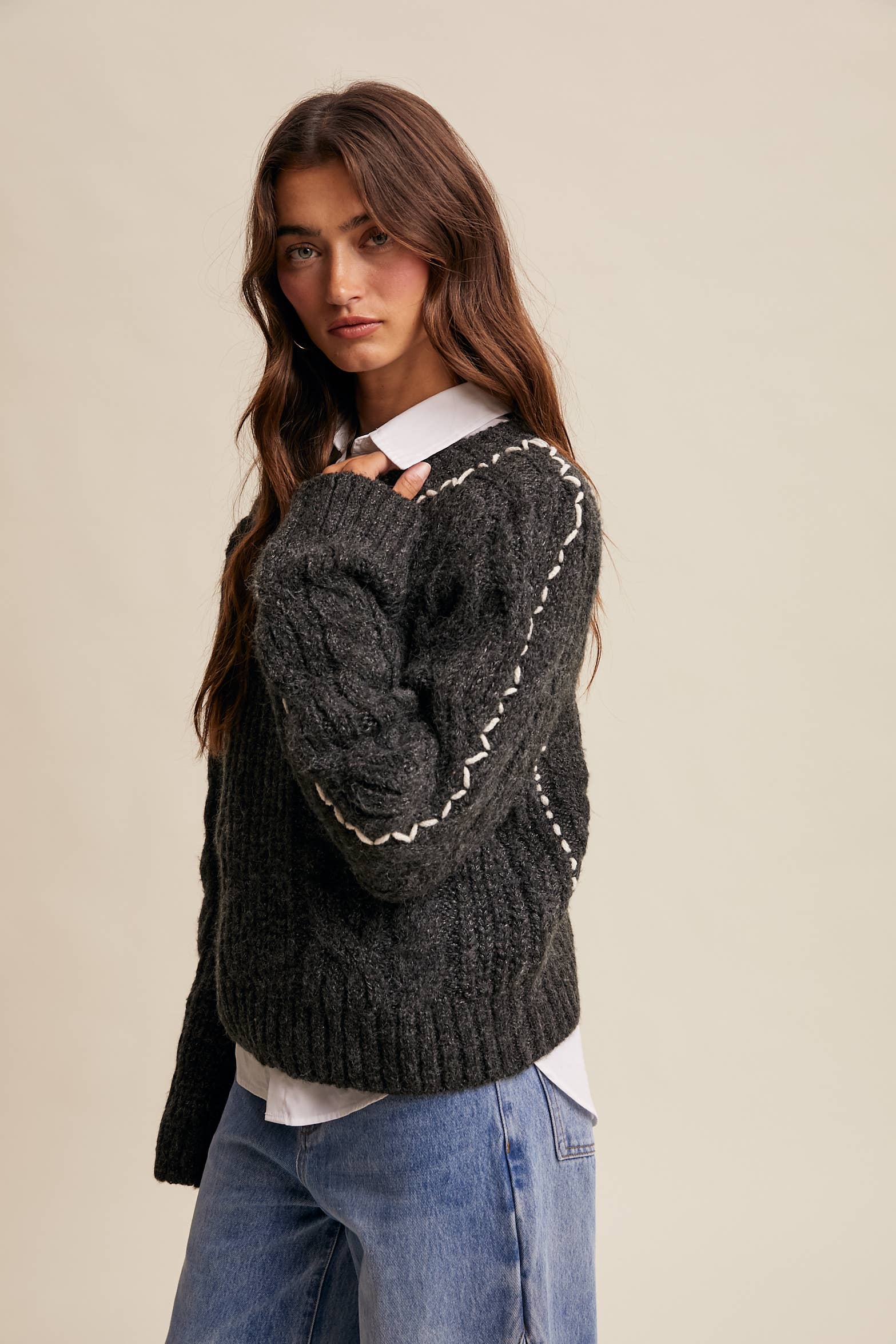 Listicle - Wholesale Knit Sweater - Women's - Contrast Stitch Cable Knit Sweater LSW1013 12