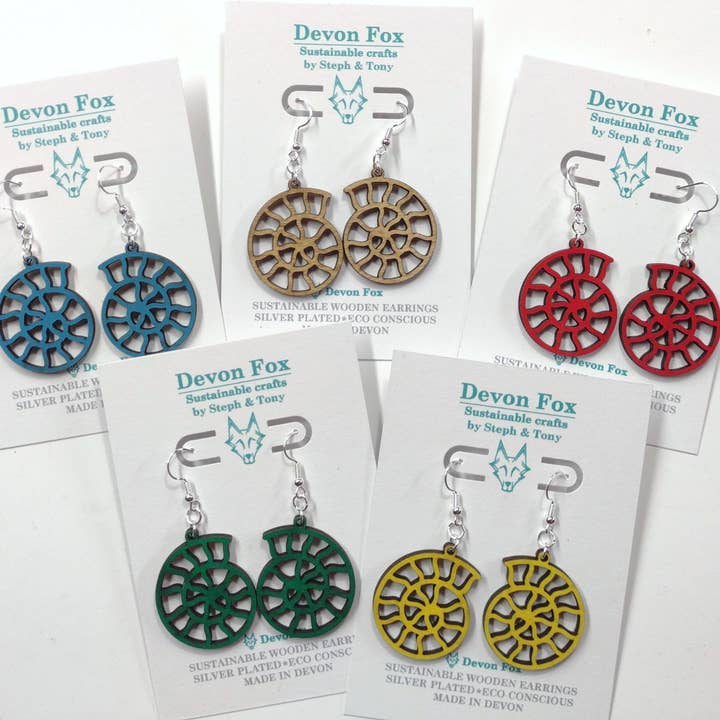 Wooden Ammonite Earrings - Handmade in Devon for wholesale by Devon Fox
