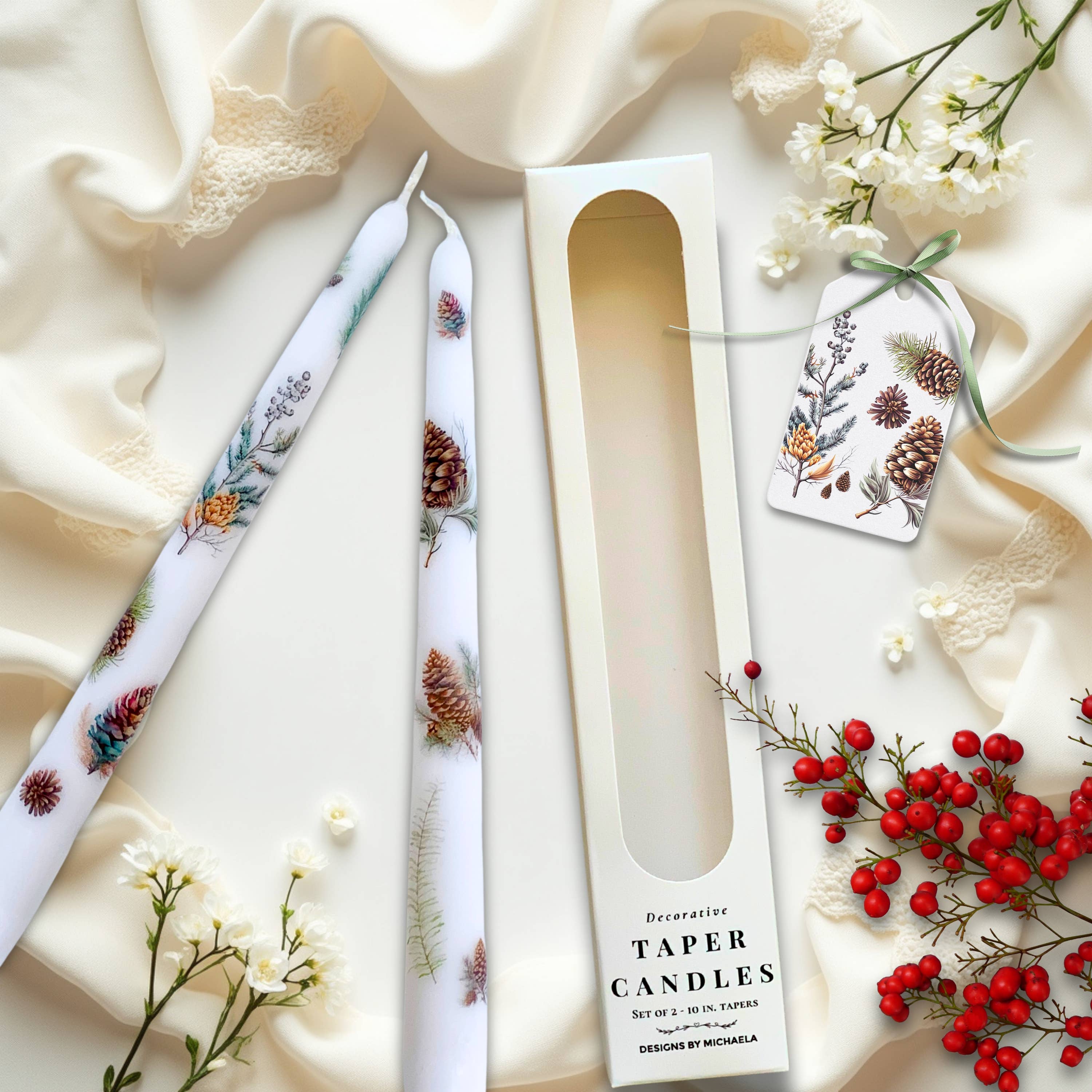 Designs by Michaela - Wholesale Tapered Candle/Candlestick - Winter Forest Pinecone Taper Candles for Gifts + Home Decor2