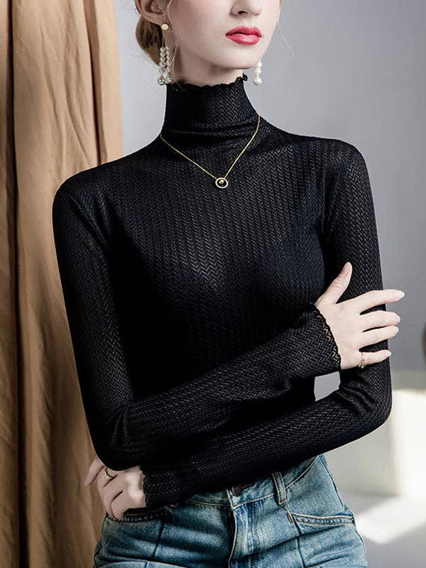 Basis Fancy - Wholesale Knit top – Women's - Long Sleeves Plus Size Mesh See-Through Slightly Sheer Split-Joint High Neck T-Shirts8