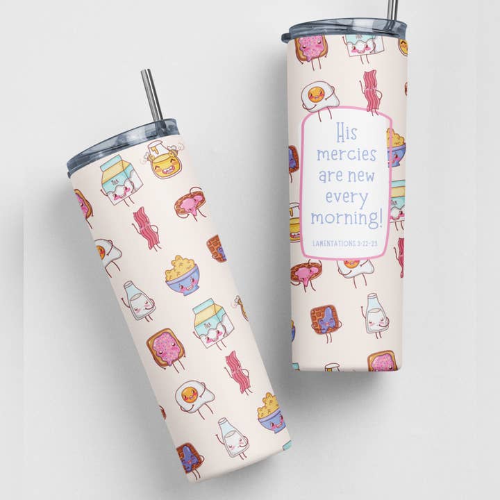 His Mercies Are New Every Morning Joli petit déjeuner Bible Verset en acier inoxydable à double paroi isolé 20 oz. Gobelet à café de voyage avec paille pour boissons chaudes ou froides pour la vente par Faith & Life Christian Brands