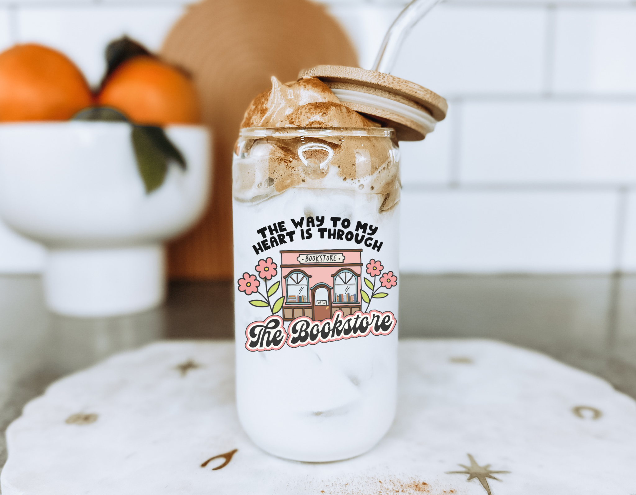 Curly Tailed Designs - Wholesale Drinking Glass/Cup - The Bookstore 16oz&20oz - Iced Coffee Libbey Glass Cup1