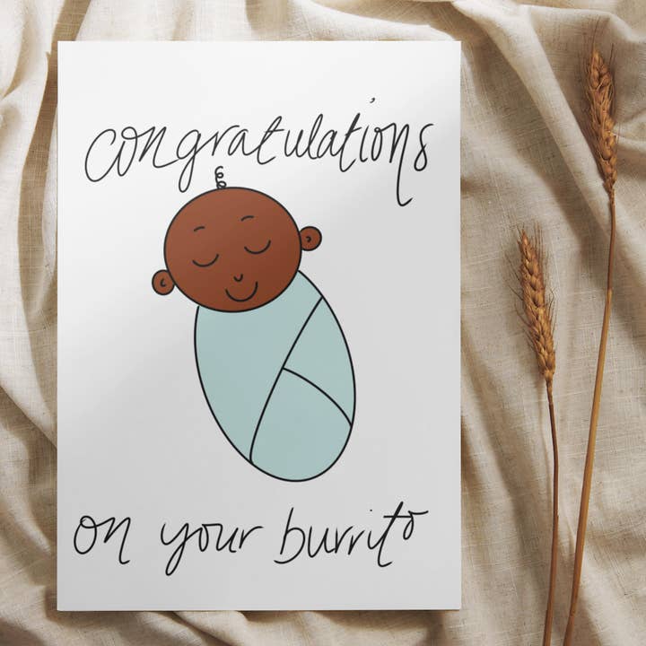 Burrito baby shower card (dark + blue) for wholesale by Lisa Trinca Art
