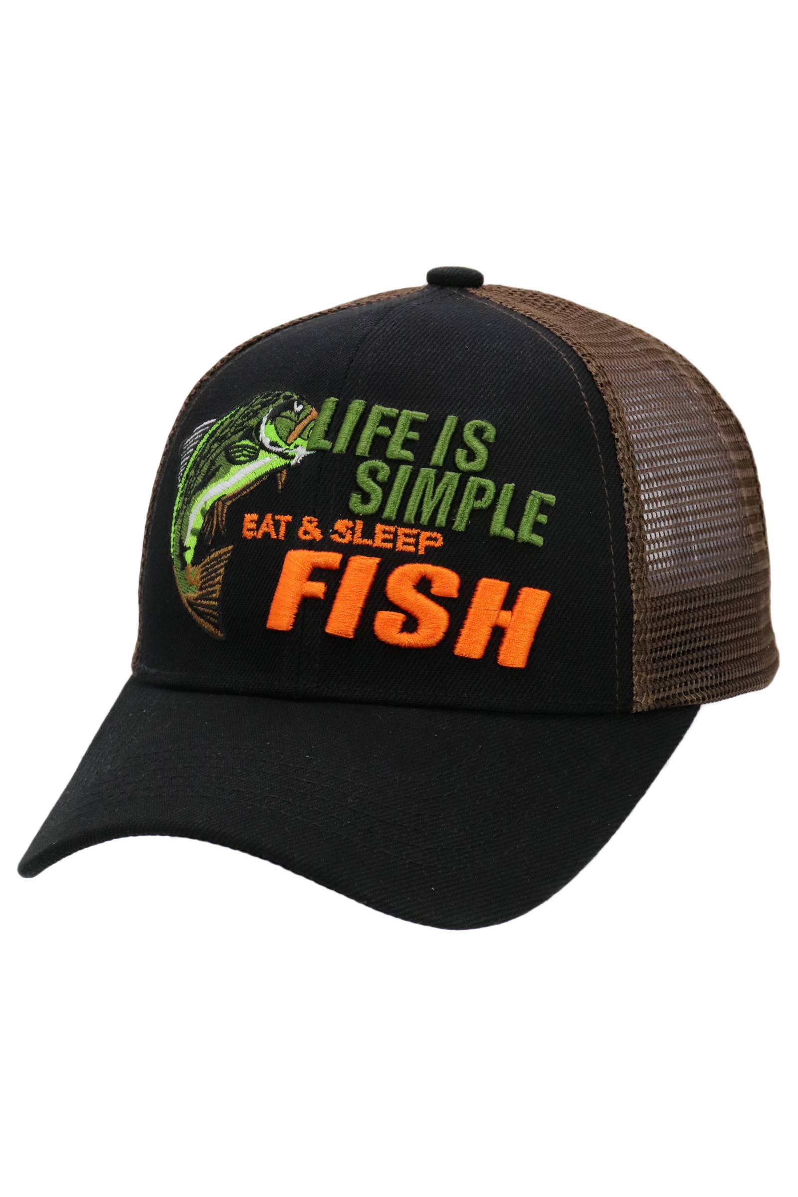 Cap Zone – Großhandel Trucker-Cap – Unisex – Das Leben ist einfach: Essen & Schlafen Fisch Mesh Trucker Hut0