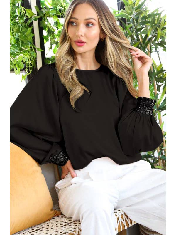 Vine & Love - Wholesale Blouse – Women’s - Sequin Cuff Accent Crew Neck Satin Blouse Top VT81259