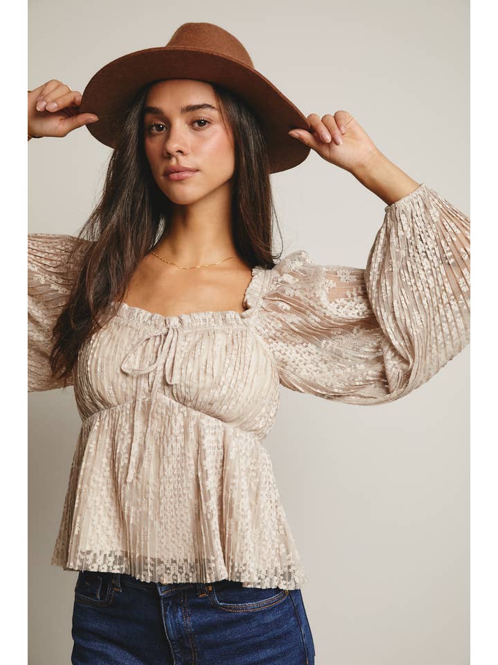 Forte - Wholesale Blouse – Women’s - Pleated Lace Peplum Blouse FT000113