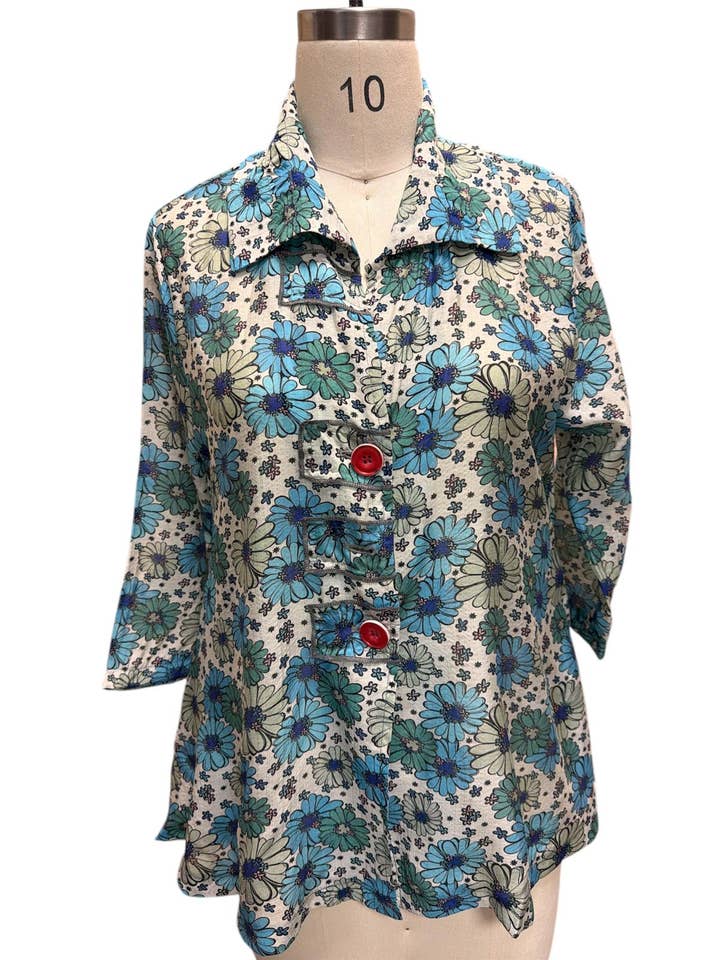 Women's Blue floral red button Sky Jacket for wholesale by Kamana