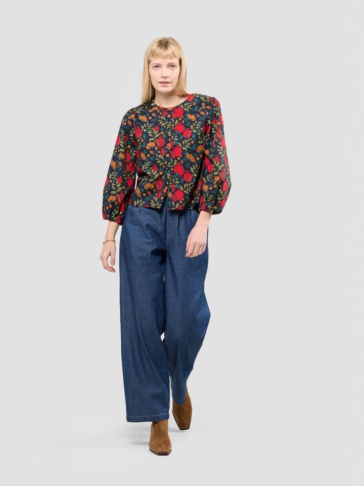 Women's Puff Sleeve Blouse With A Hand-Drawn Pomegranates Print for wholesale by Poplin and Co.