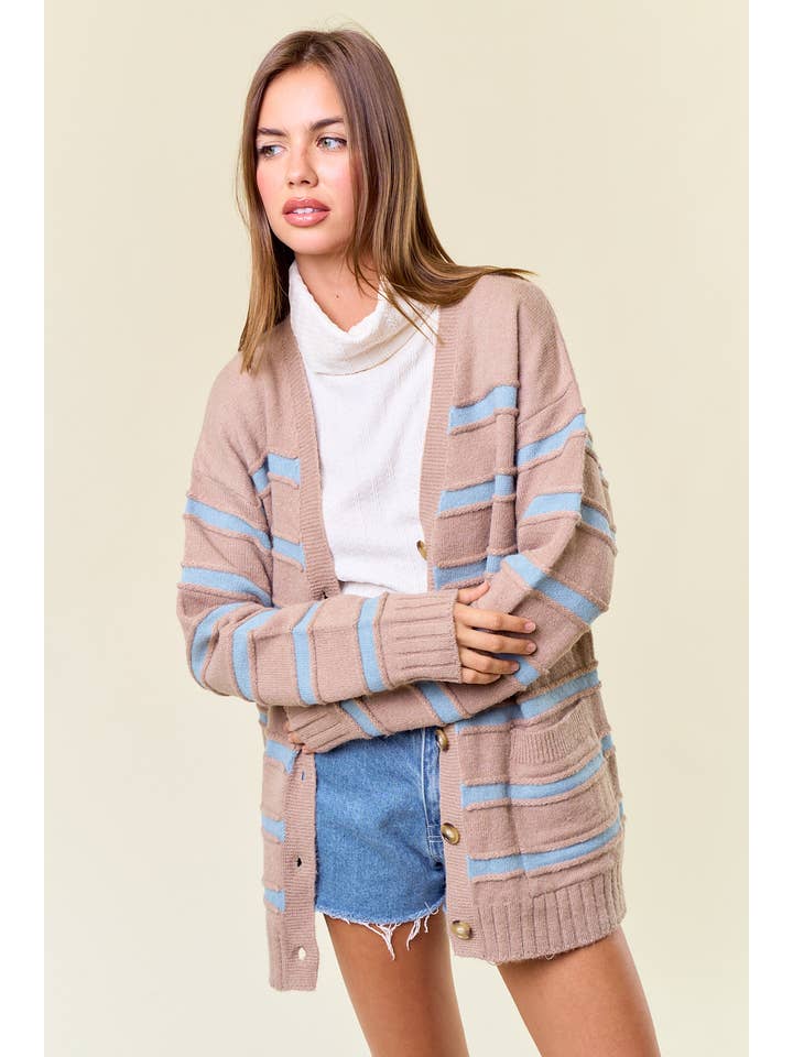 Doe and Rae - Wholesale Cardigan - Women's - Striped Front Button Closure Sweater Cardigan - 10616J
