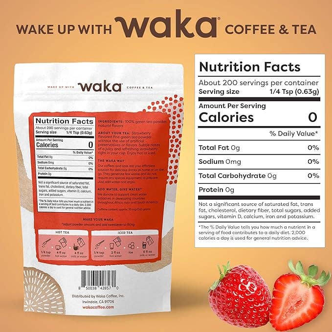 Waka Coffee & Tea - Wholesale Health/Detox Tea - Unsweetened Strawberry Flavored Green Instant Tea 4.5 oz Bag1