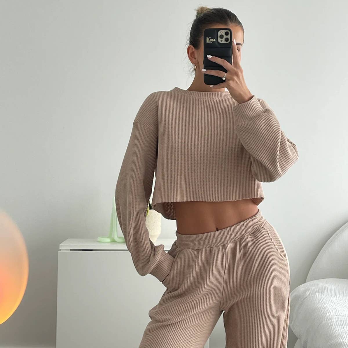 HIDDENBRAND - Wholesale Lounge Set - Women's - Waffle crop long sleeve top wide leg pant two piece set14