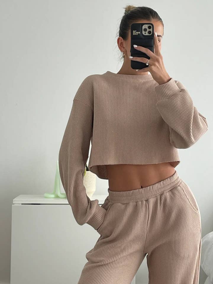 HIDDENBRAND - Wholesale Lounge Set - Women's - Waffle crop long sleeve top wide leg pant two piece set14